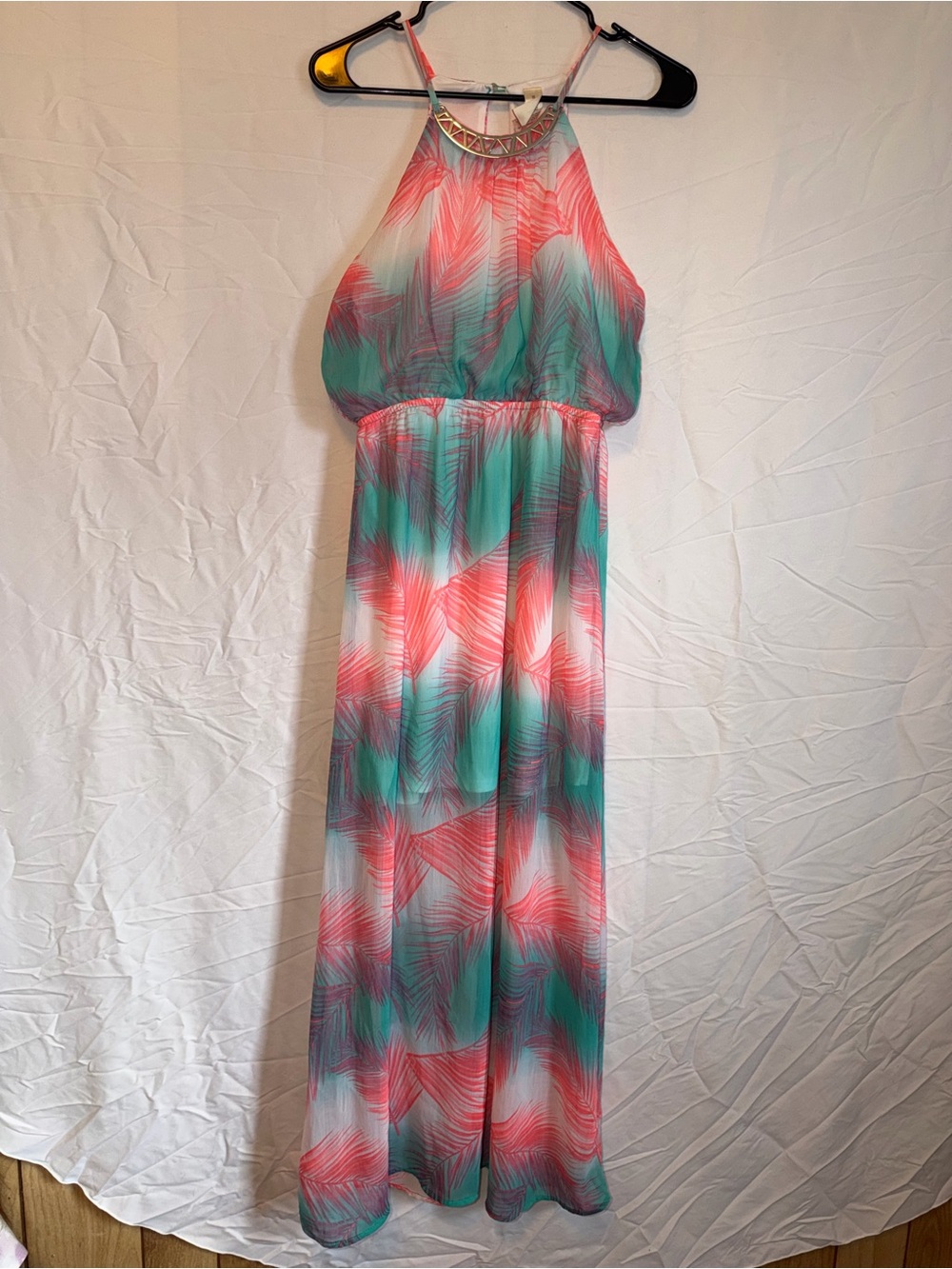 No Boundaries Teal and Coral Halter Maxi Dress with Embellished Neckline